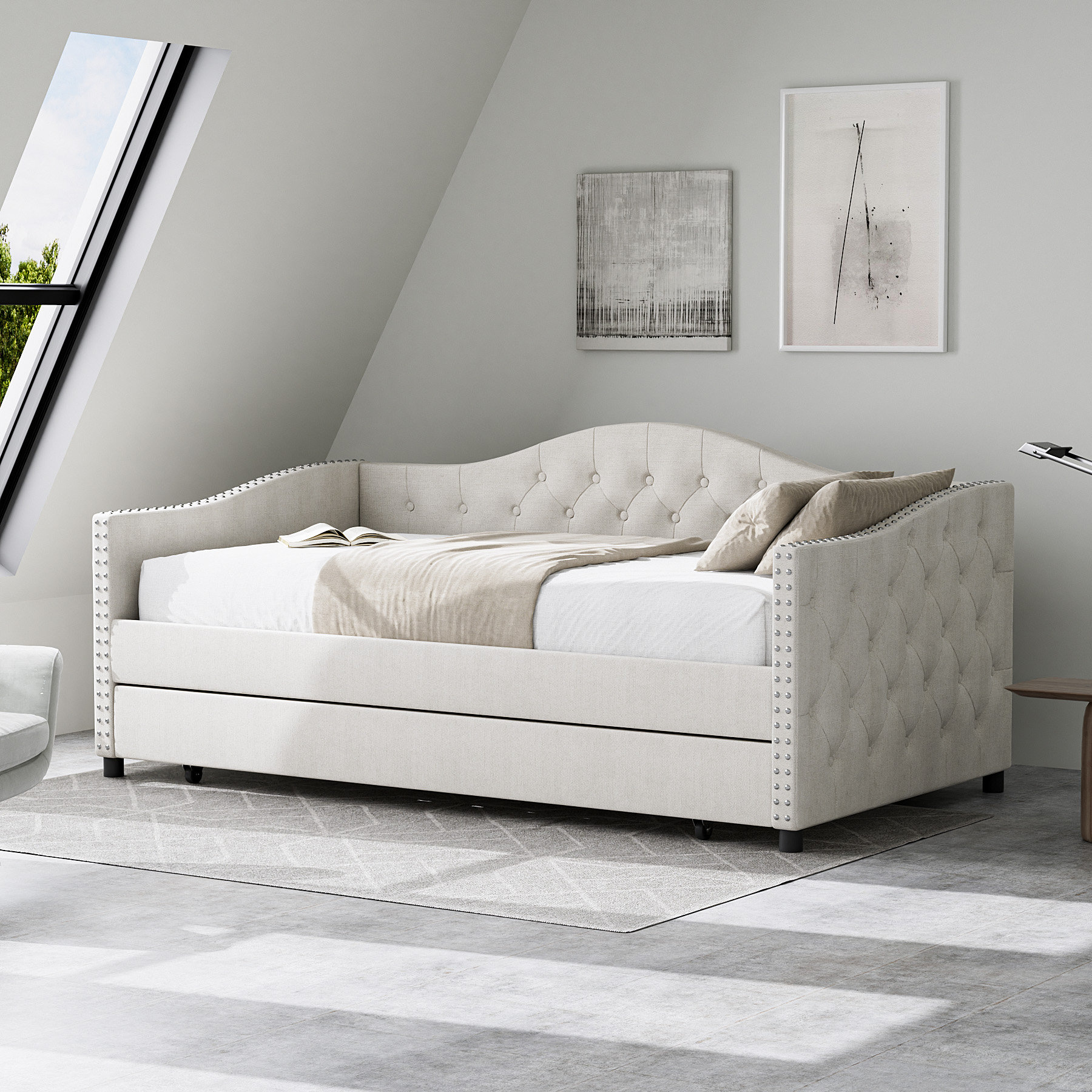 Kaevion Upholstered Daybed with Trundle Red Barrel Studio Color Beige Size Twin